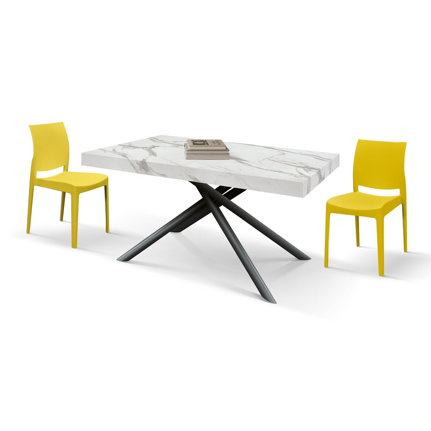 Tavolo CARRARA in legno, finitura bianco statuario e gambe in metallo nero, allungabile 160x90 cm - 240x90 cm