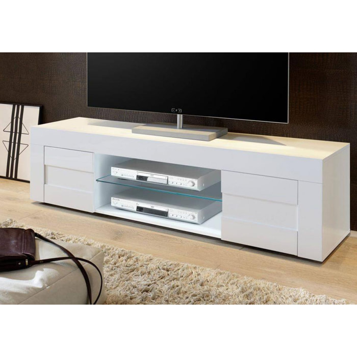 Mobile da soggiorno porta TV moderno, Credenza bassa a 2 ante, Made in Italy, cm 181x42xh44, colore Bianco lucido