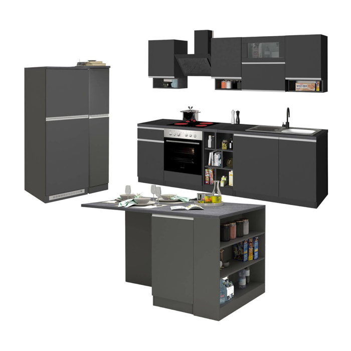 Cucina completa Arlo, Set con dispensa, Mobile per cucinotto, Kit blocco con isola e portafrigo, 100% Made in Italy, Antracite e Ardesia