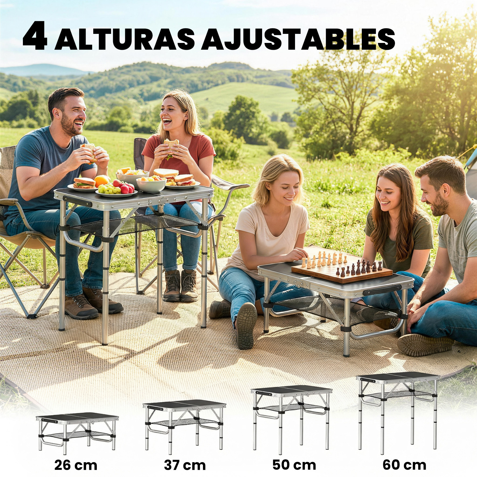 Mesa Plegable Camping, 60x40x60 cm, Mesa Plegable Portátil con Altura Ajustable en 4 Niveles, Red de Almacenamiento, Marco de Aluminio, para Acampar, Senderismo, Playa, Negro