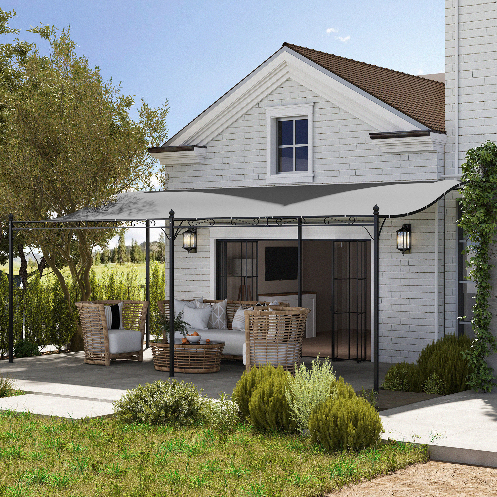 Pérgola de Pared de Jardín 3x6 m, Cenador de Jardín con Techo Inclinado, Orificios de Drenaje y Estructura Metálica, Resistente a la Intemperie, para Patio, Terraza, Balcón, Gris Oscuro