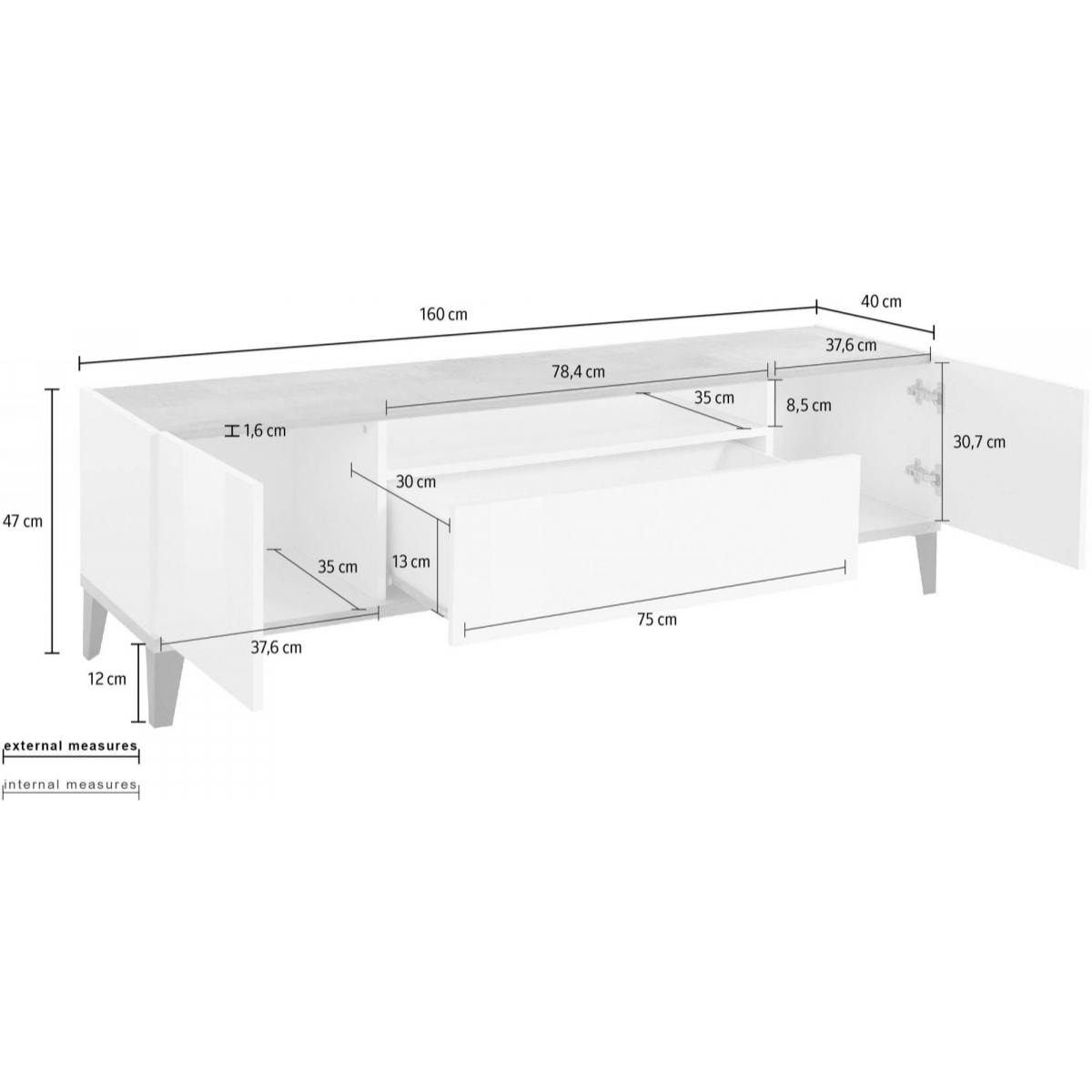 Mobile da soggiorno Porta TV, Made in Italy, Supporto per TV da salotto a 2 ante e 1 cassetto, Cm 160x40h47, Bianco lucido e Acero