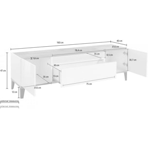 Mobile da soggiorno Porta TV, Made in Italy, Supporto per TV da salotto a 2 ante e 1 cassetto, Cm 160x40h47, Bianco lucido e Acero