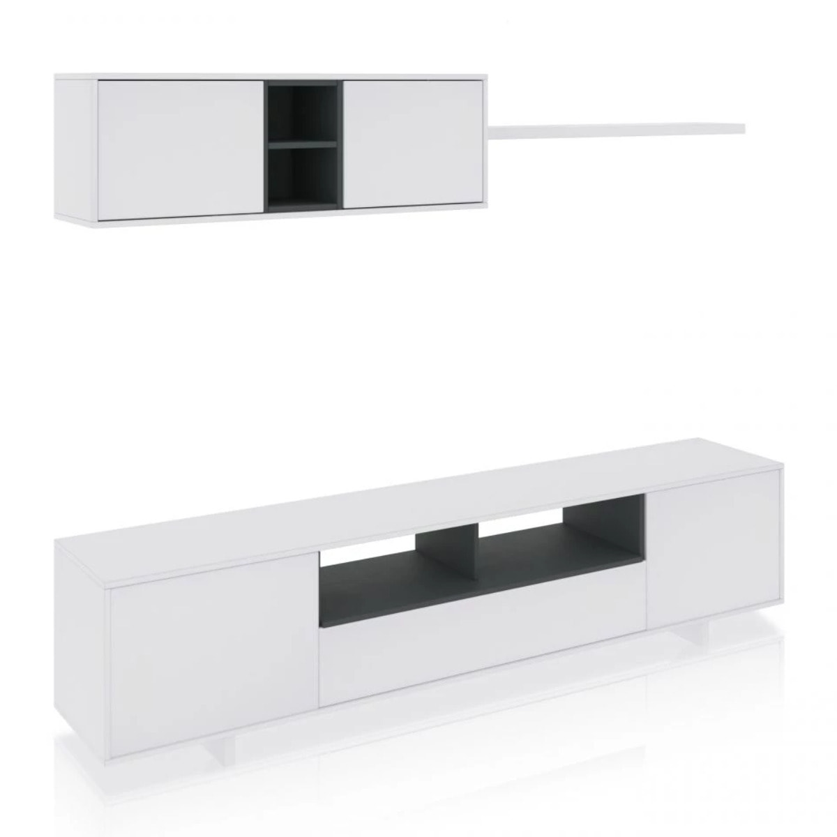 Salón con mueble de TV y estantería en blanco brillo y gris antracita 200 cm Kenzo Blanco Brillo - Gris Antracita