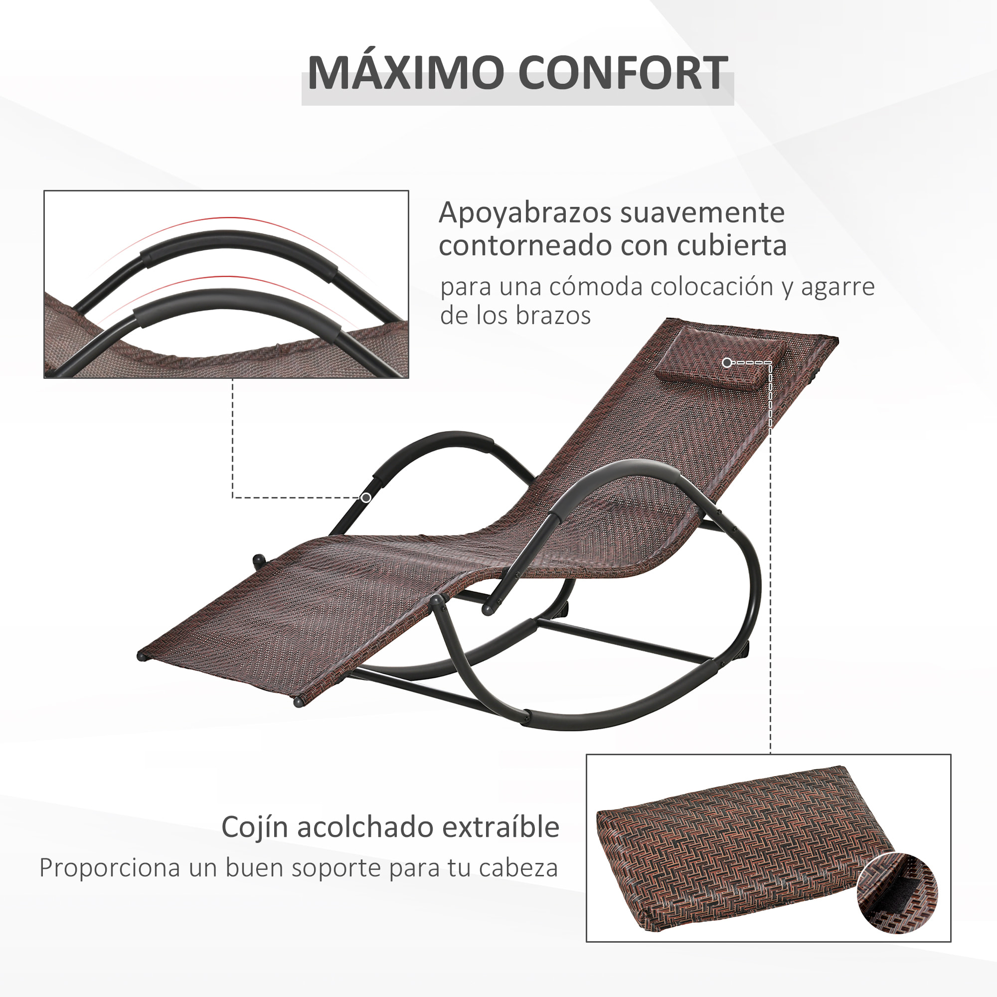 Tumbona Mecedora de Exterior con Reposabrazos Reposacabezas y Efecto de Ratá¡n para Jardín Terraza Patio Carga Má¡x. 160 kg 157x60x84 cm Marrón