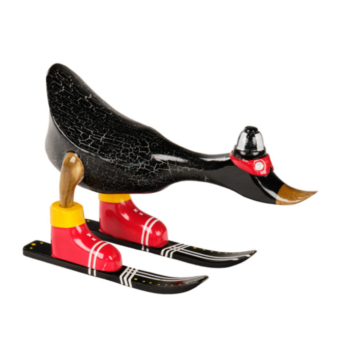 Statuette décorative Canard Skieur en Bois de Teck H. 18 cm – DAMAS