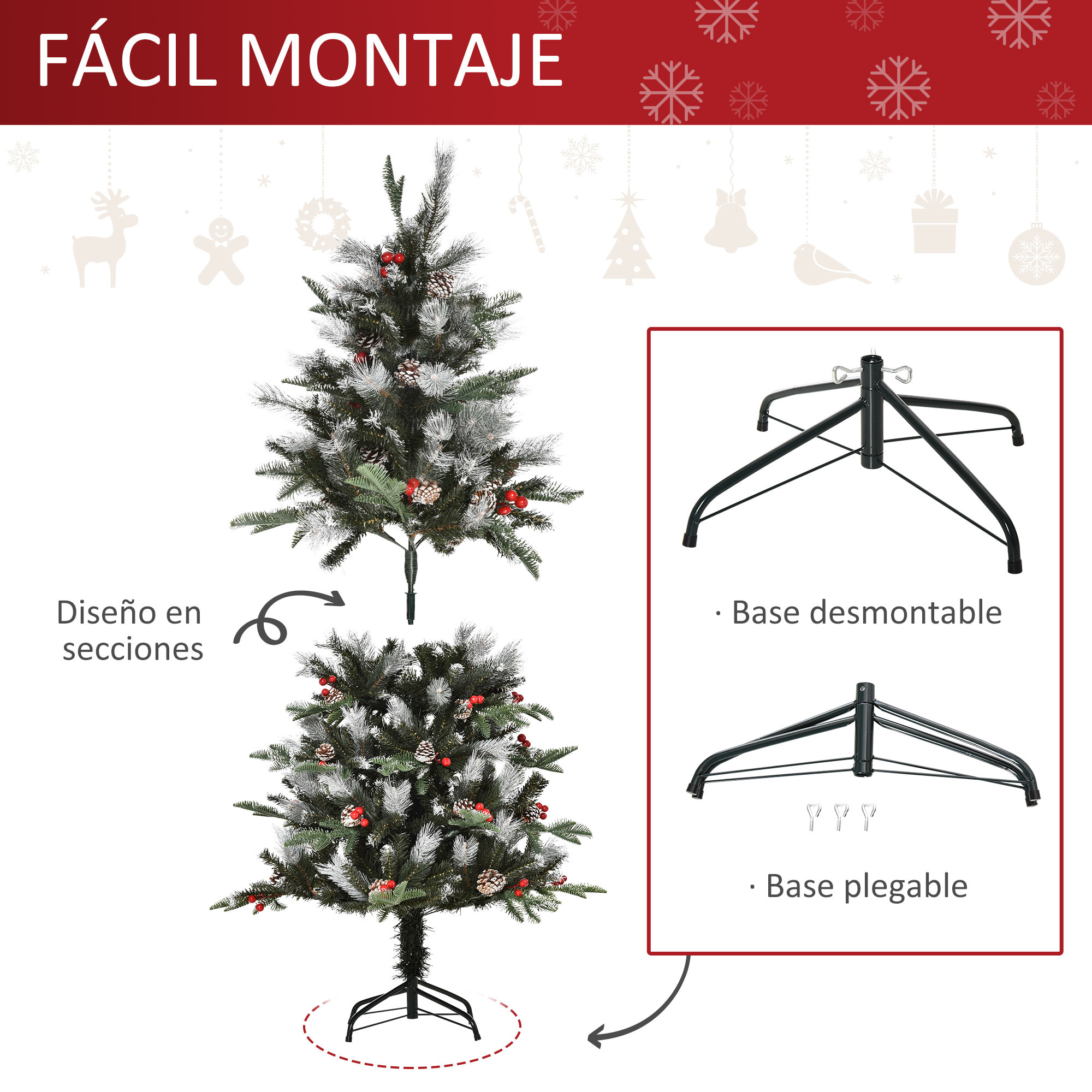 HOMCOM Árbol de Navidad Artificial 150 cm con 440 Ramas 39 Piñas y 39 Bayas Hojas de PVC PE Base Plegable y Soporte Metálico Decoración Navideña para Interiores Verde