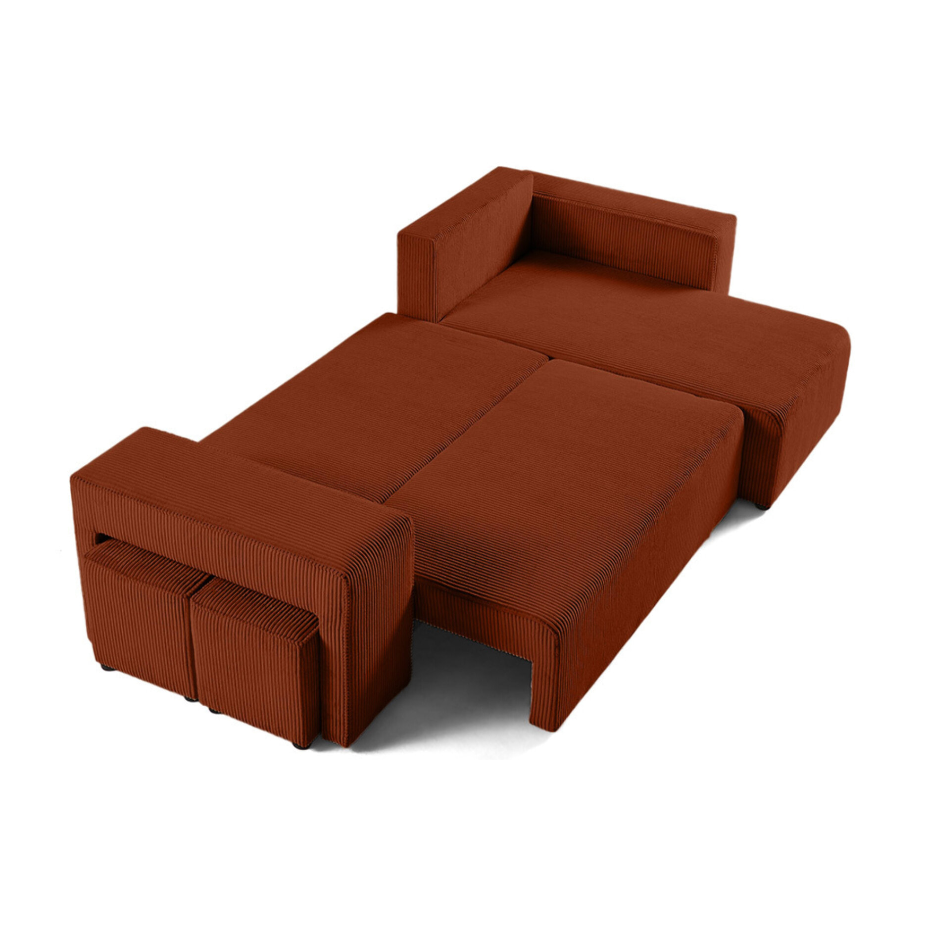 Topaze - canapé d'angle réversible 4 places - convertible avec coffre, tablette et poufs - en velours côtelé - Terracotta