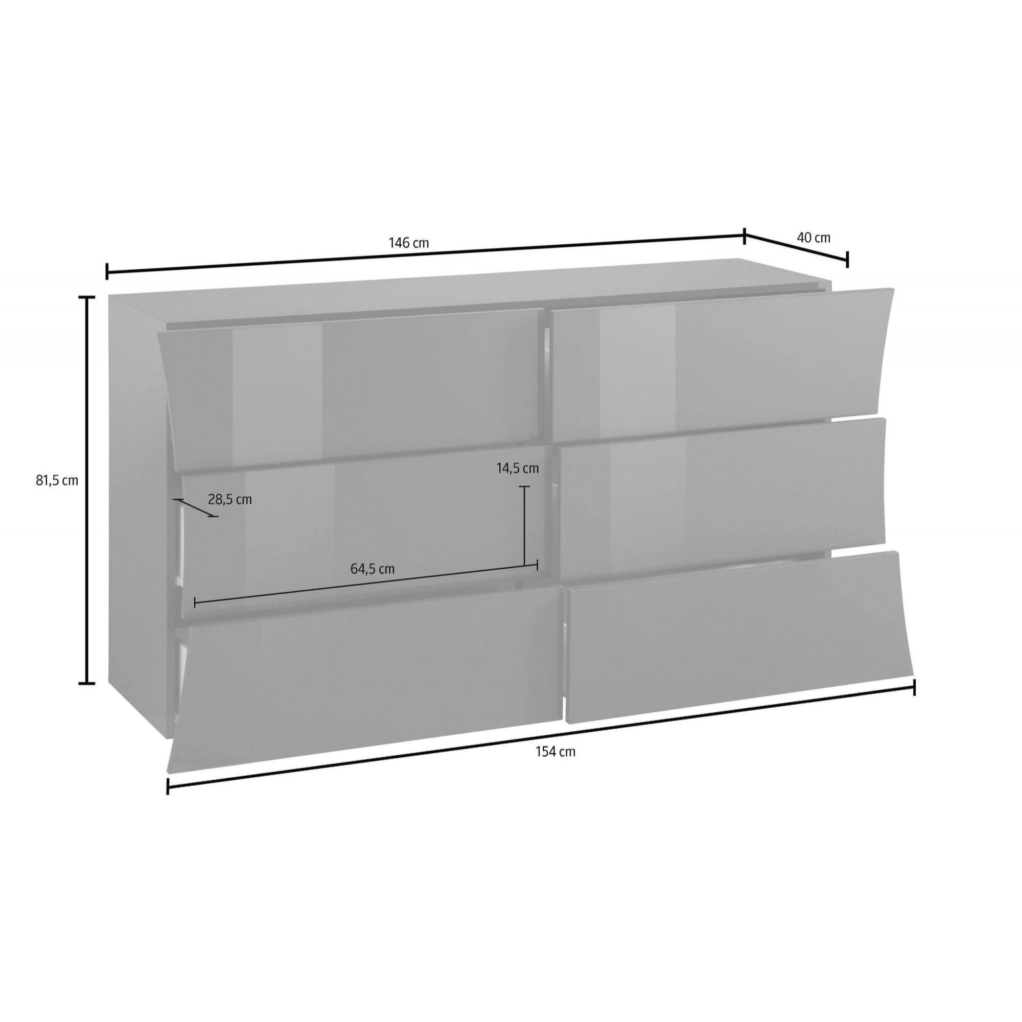 Comò geometrico moderno, Made in Italy, Mobiletto per Soggiorno e Camera, Credenza 6 cassetti, cm 155x40h82, colore Bianco lucido