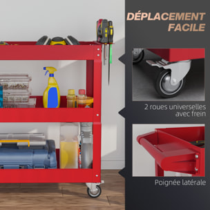 Chariot desserte d'atelier acier 3 plateaux sur roulettes avec poignée - charge max. 150 kg - 83 x 35,3 x 76 cm rouge