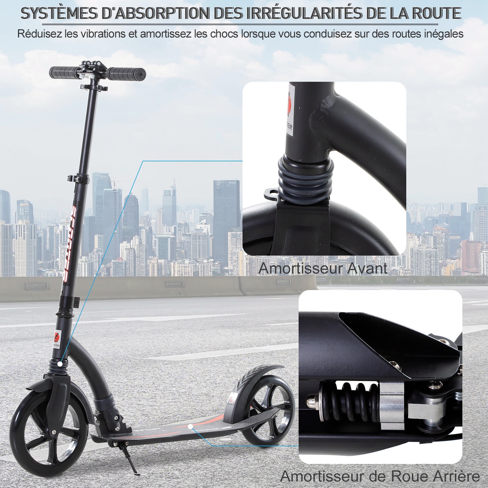 Trottinette pliable pour adulte enfant à partir 14 ans hauteur guidon réglable alu noir