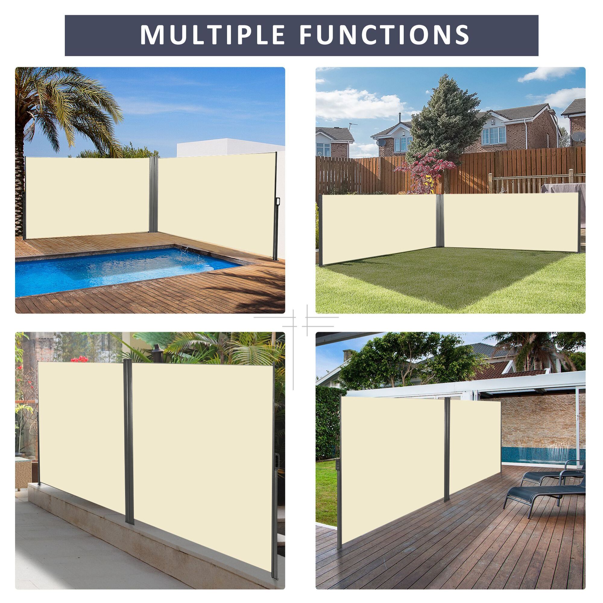 Double store latéral brise-vue paravent rétractable dim. 6L x 1,60H m polyester anti-UV haute densité crème