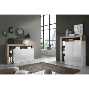 Credenza moderna a 3 ante a vani aperti, Made in Italy, Madia da cucina, Buffet di design da soggiorno, cm 146x42h93, colore Bianco lucido e Pero