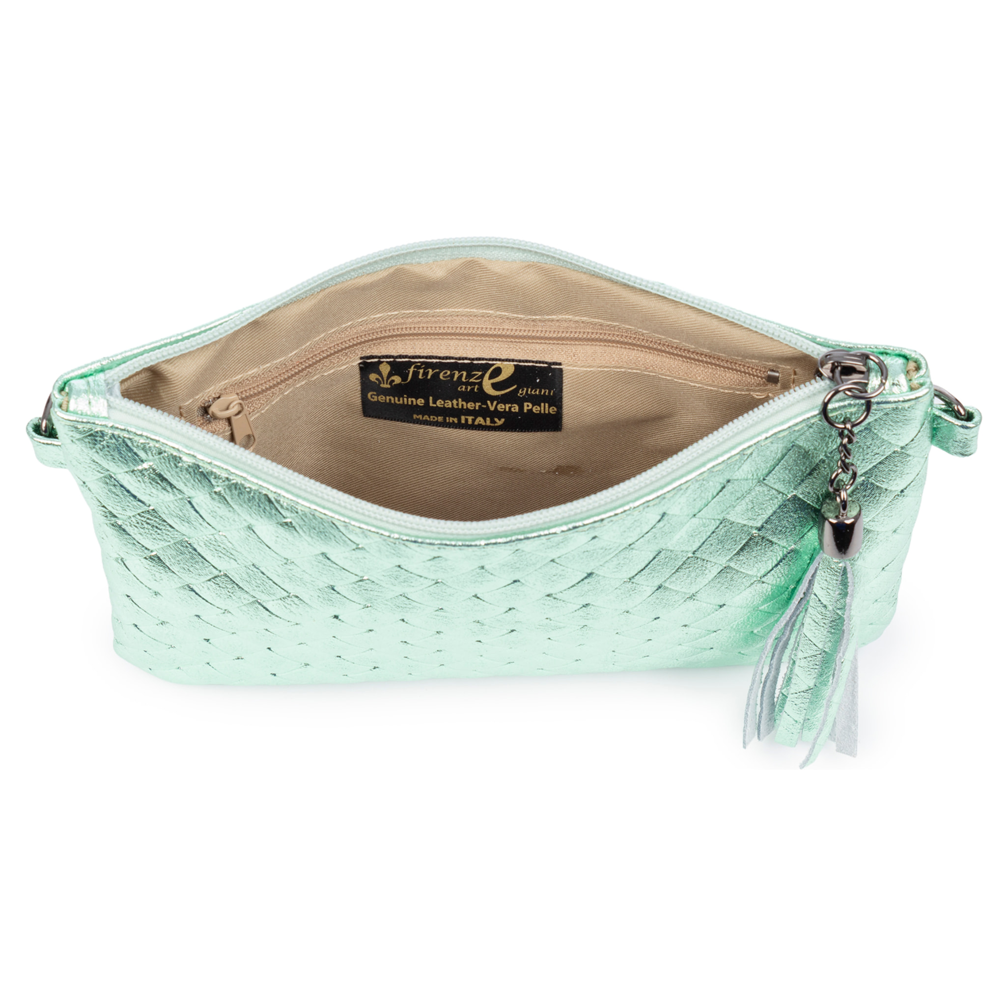 Oleggio bolso bandolera mujer. Piel auténtica Gamuza con grabado entrelazado y lacada brillante.