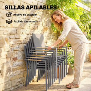 Conjunto de Mesa y Sillas Jardín de 7 Piezas, Muebles Jardín Exterior con Mesa de Plástico PSPC, 6 Sillas Apilables Transpirables, Marco de Acero Resistente a la Intemperie, Gris Oscuro