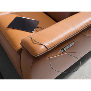 Sofá relax de 2 plazas tapizado en piel de origen vacuno en marrón con reposacabezas patas de acero inoxidable cromado oscuro 2 sistemas de relax eléctrico 154x108x77cm