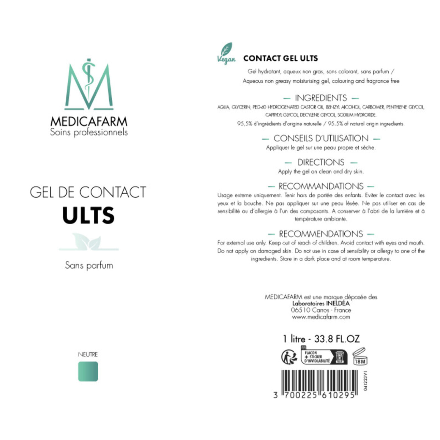 MEDICAFARM - Gel de contact ULTS - Gel de contact hydratant - Aqueux non gras, sans colorant, sans parfum - 1L