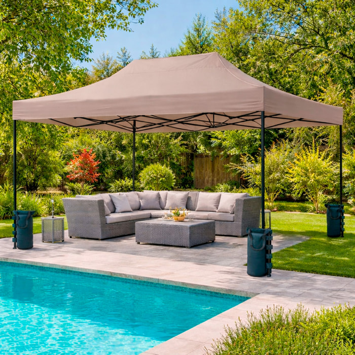Gazebo Professionale 3x4.5 M Richiudibile Automatico In Acciaio E Telo Oxford 1200D PVC Impermeabile Anti UV Struttura a Fisarmonica e Sacche Tortora