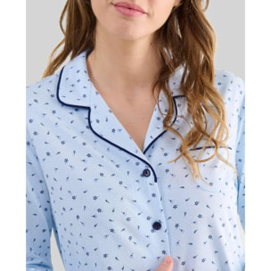 Pijama mujer estampado florecitas, abierto con botones, cuello de solapa con vivo, manga larga y pantalón largo