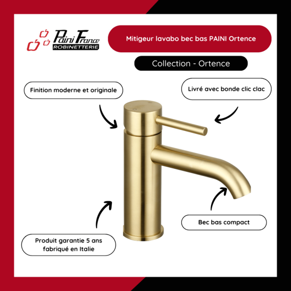 Mitigeur lavabo bec bas PAINI Ortence avec vidage clic clac