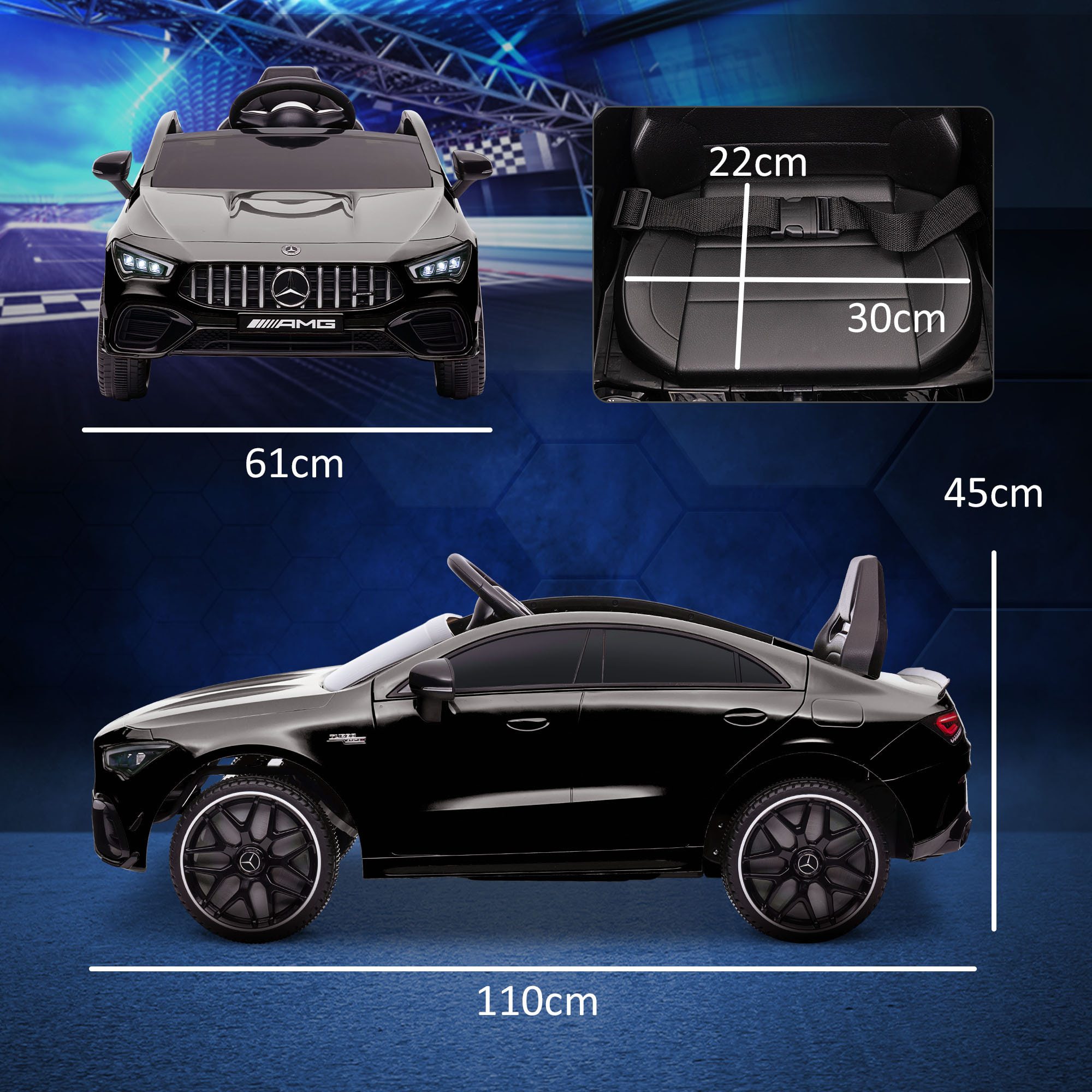 Voiture électrique enfant Mercedes CLA 45S AMG - 12V, 2 moteurs, 5Km/h max. - télécommande - nombreux effets - noir