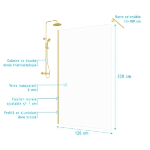 Paroi de Douche 120x200cm - Profilé + Bras extensible + Colonne de douche Thermostatique Or Brossé