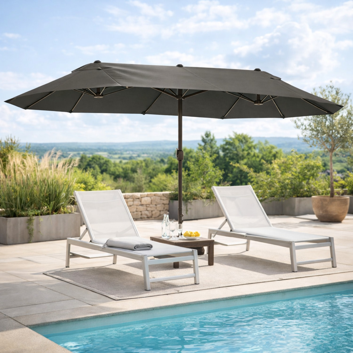 Parasol double rectangulaire – Grande zone d'ombre – Base incluse