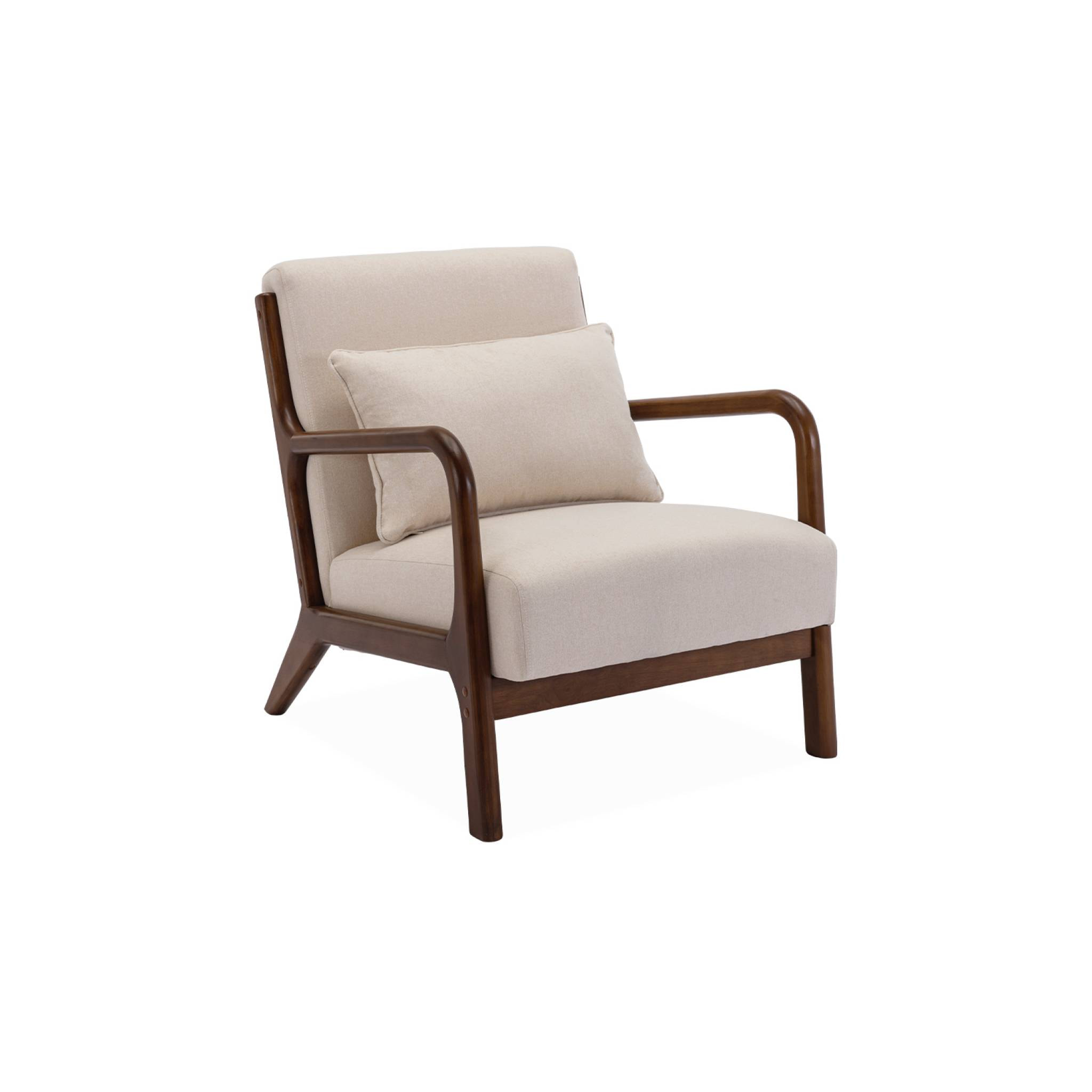 Banquette 2 places + Fauteuil en bois et tissu beige. bois d'hévéa teinté noyer clair