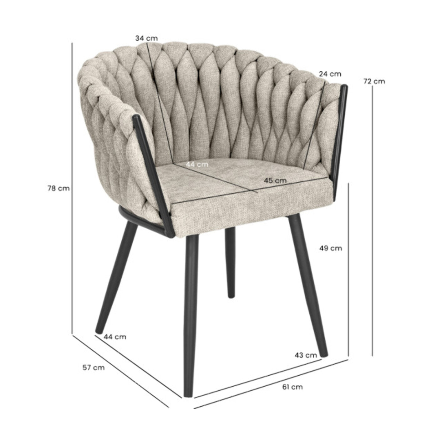 Chaise en tissu maille tressé matelassé avec accoudoirs - MELODIE 2
