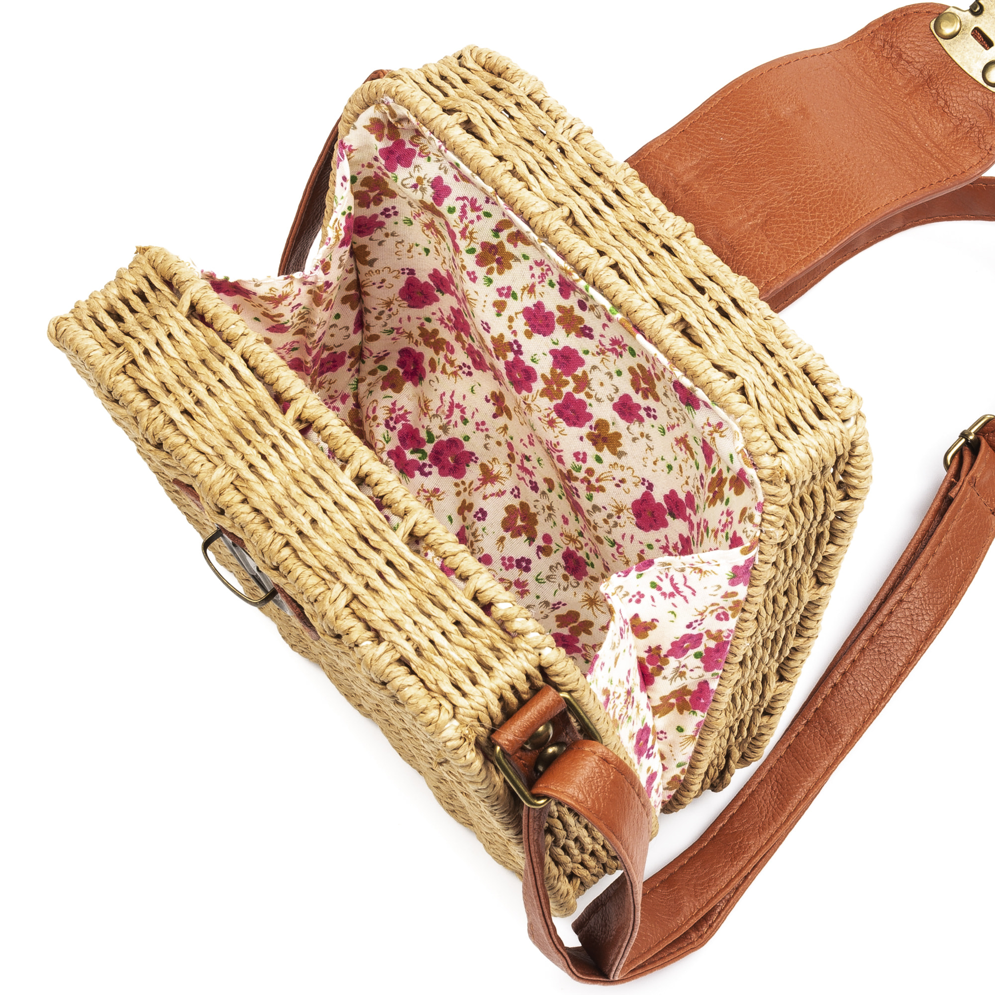 IRIA QUINTANA Borsa a tracolla da donna Empoli. Tessuto Paglia Pelle Sintetica PU 18x7x17 Cm. Colore cammello
