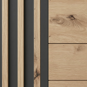 Comò Moderno Con 3 Cassetti E Anta Battente Cassettiera Mobile Contenitore Elegante Base In Metallo 137.3 x 81.4 x 39.5 Cm Rovere E Grigio Antracite