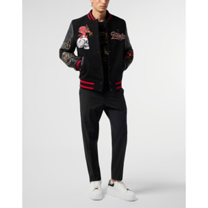 PHILIPP PLEIN Varsity Bomber with Leather Sleeves Devil Skull