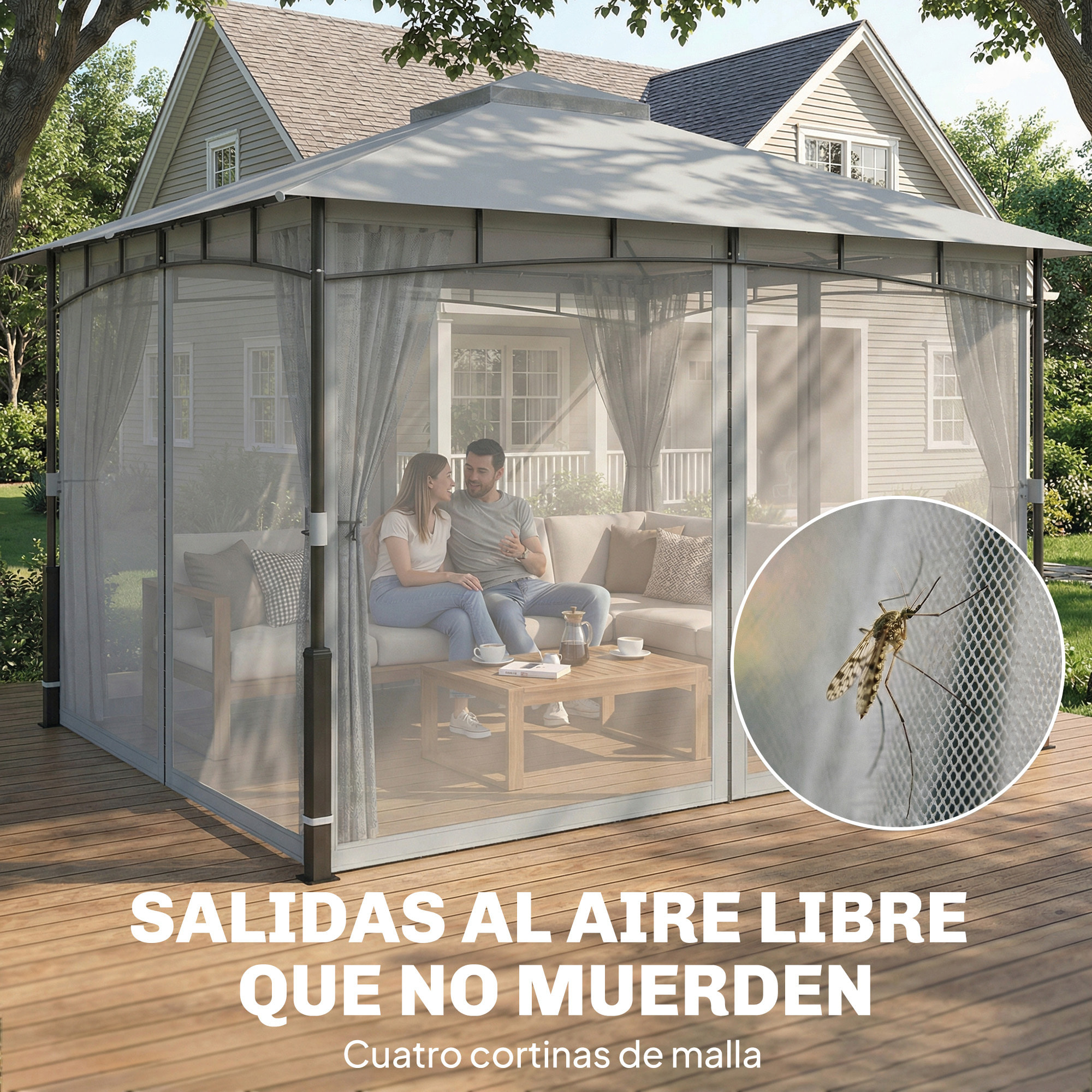 para Jardín 3x3,6 m, Pabellón de Jardín Gazebo con Doble Techo, Paredes de Malla, UPF50+, Estructura de Metal, Carpa para Exterior, Terraza, Patio, Gris