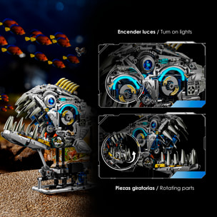 Maqueta 3D mecanizada de piraña con 1085 piezas, equipada con luces y mecanismo de manivela que permite movimiento dinámico.