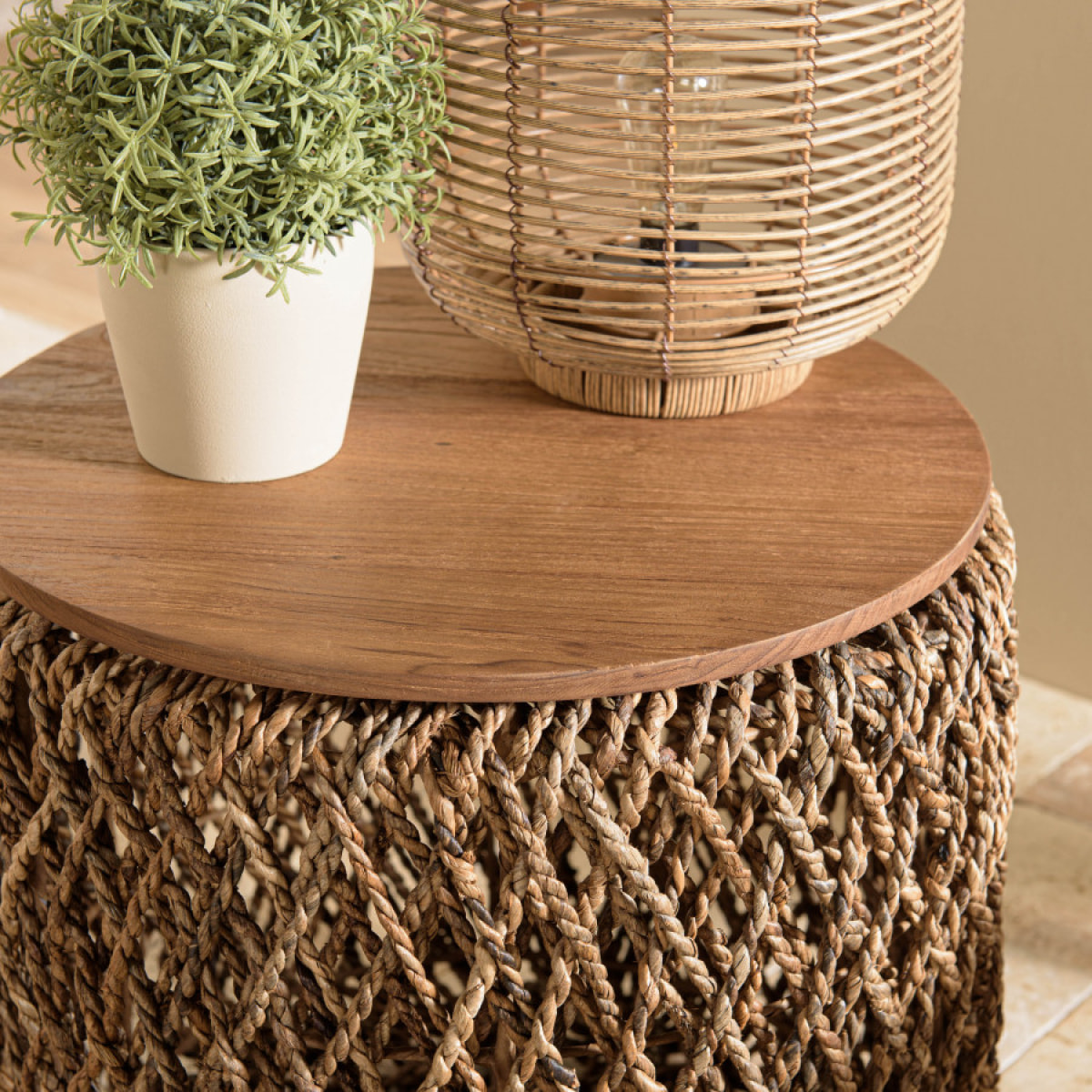 SIXTINE - Table d'appoint ronde 50x50cm en tissage de fibre de cocotier