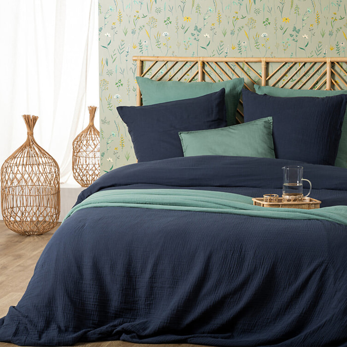 Parure de lit - gaze de coton - bleu gris - 240x220 cm
