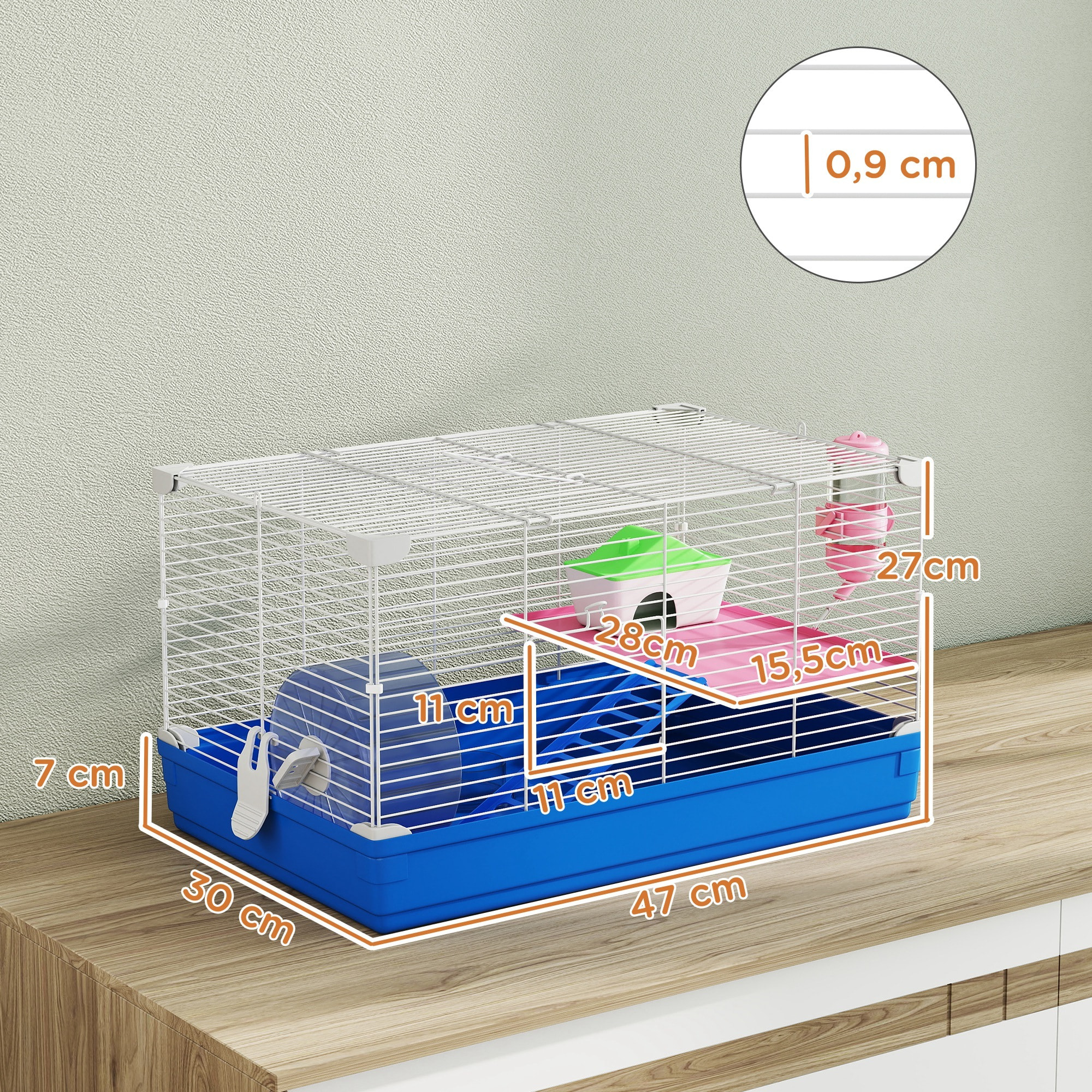 Jaula para Hámster, Casa para Roedores Pequeños con Rueda de Ejercicio, Cuenco, Bebedero, Casita, Rampas, Plataforma, Bandeja Extraíble, para Jerbos, 47x30x27 cm, Azul