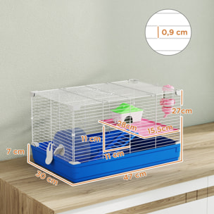 Jaula para Hámster, Casa para Roedores Pequeños con Rueda de Ejercicio, Cuenco, Bebedero, Casita, Rampas, Plataforma, Bandeja Extraíble, para Jerbos, 47x30x27 cm, Azul