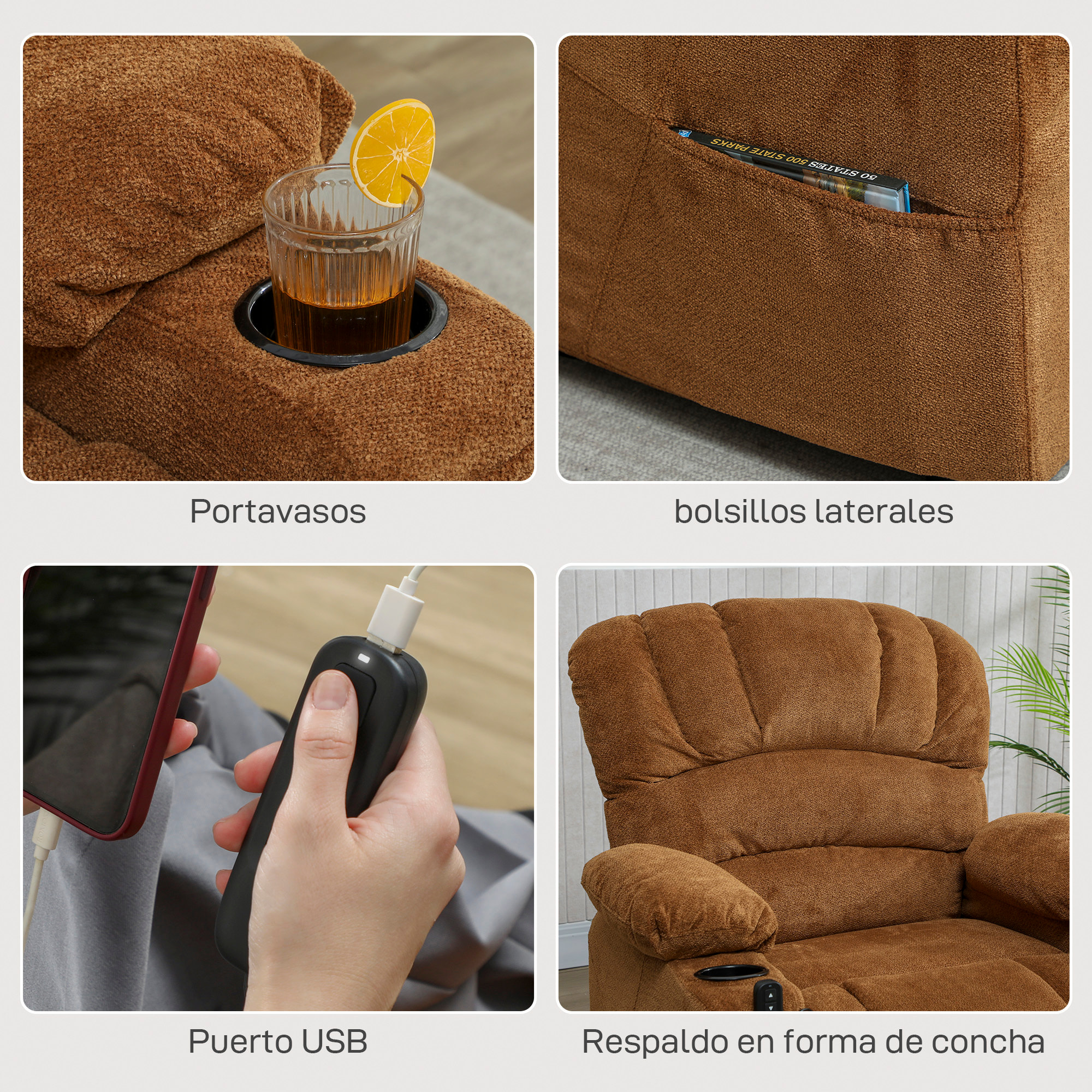 Sillón Relax Reclinable Eléctrico, Sillón Reclinable Silencioso de Terciopelo con Función Memoria, Reposapiés, Mando a Distancia, Bolsillos, Puerto USB, Portavasos, Respaldo Concha