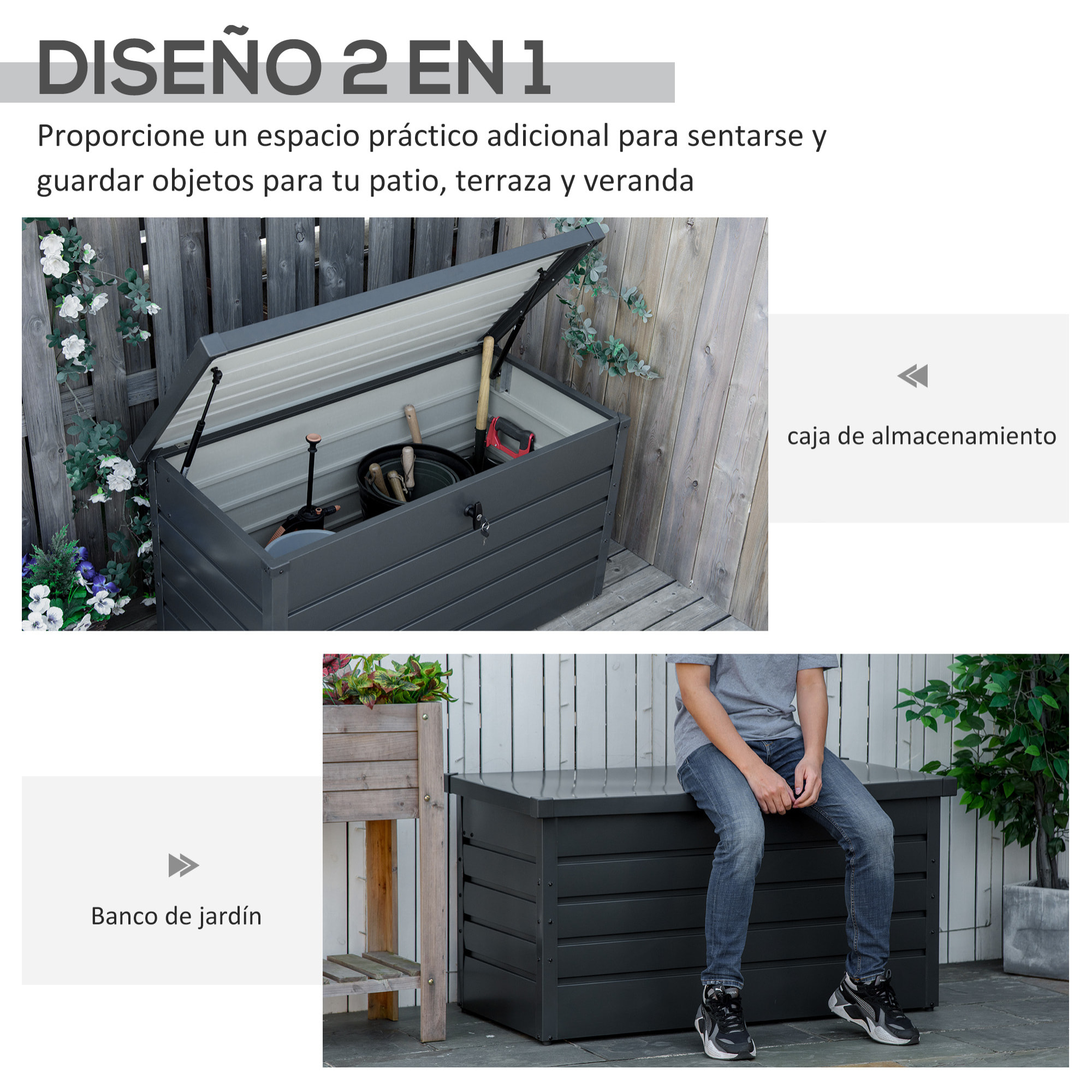 Arcón Exterior Capacidad 311L Baúl de Almacenaje de Acero con Cerradura Llave Pistones Neumáticos para Jardín Terraza Patio 120x62x62 cm Gris Oscuro