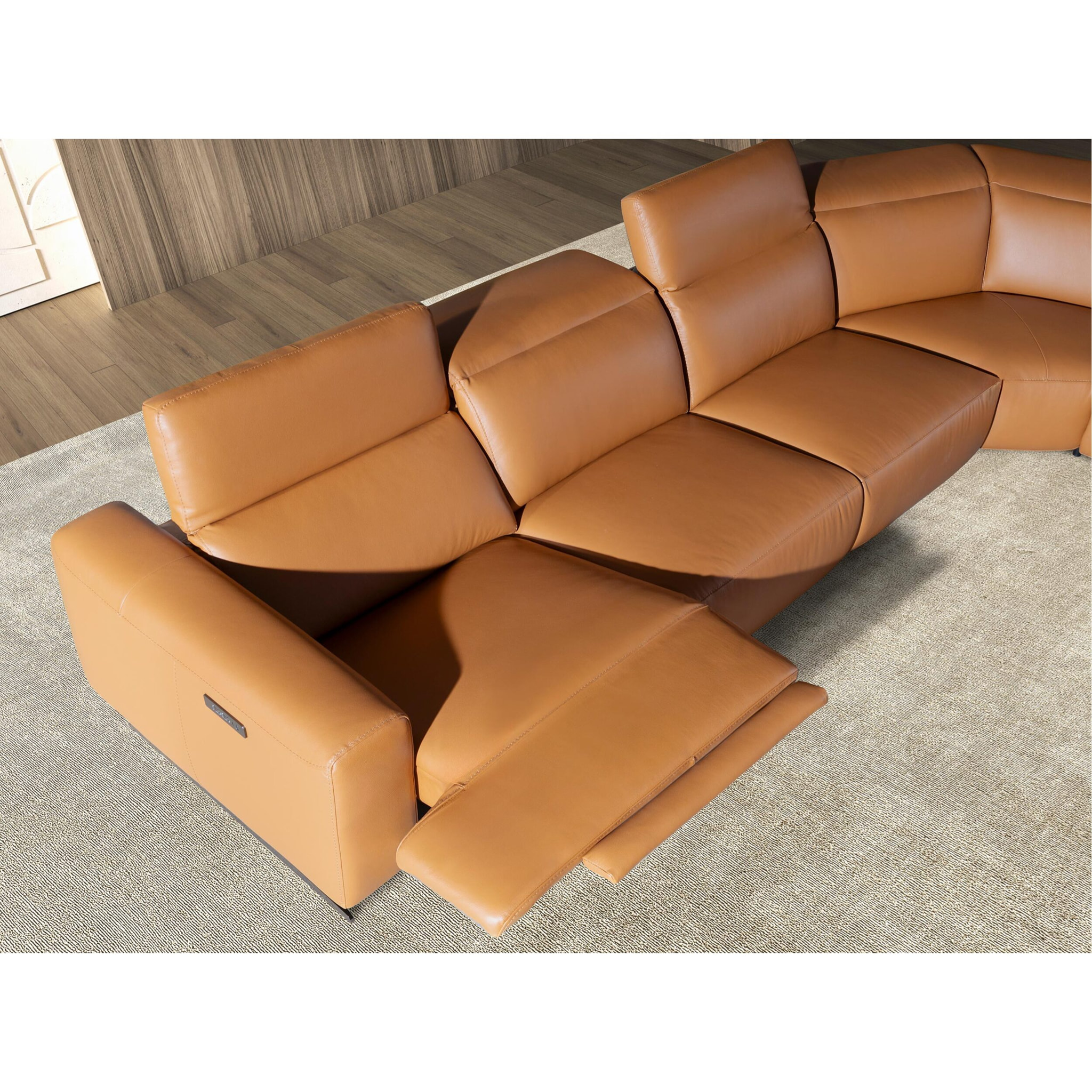 Sofá rinconera relax izquierda de 5 plazas tapizado en piel de origen vacuno en marrón con reposacabezas para garantizar una mayor comodidad patas de acero inoxidable en epoxi negro 310x310x97cm