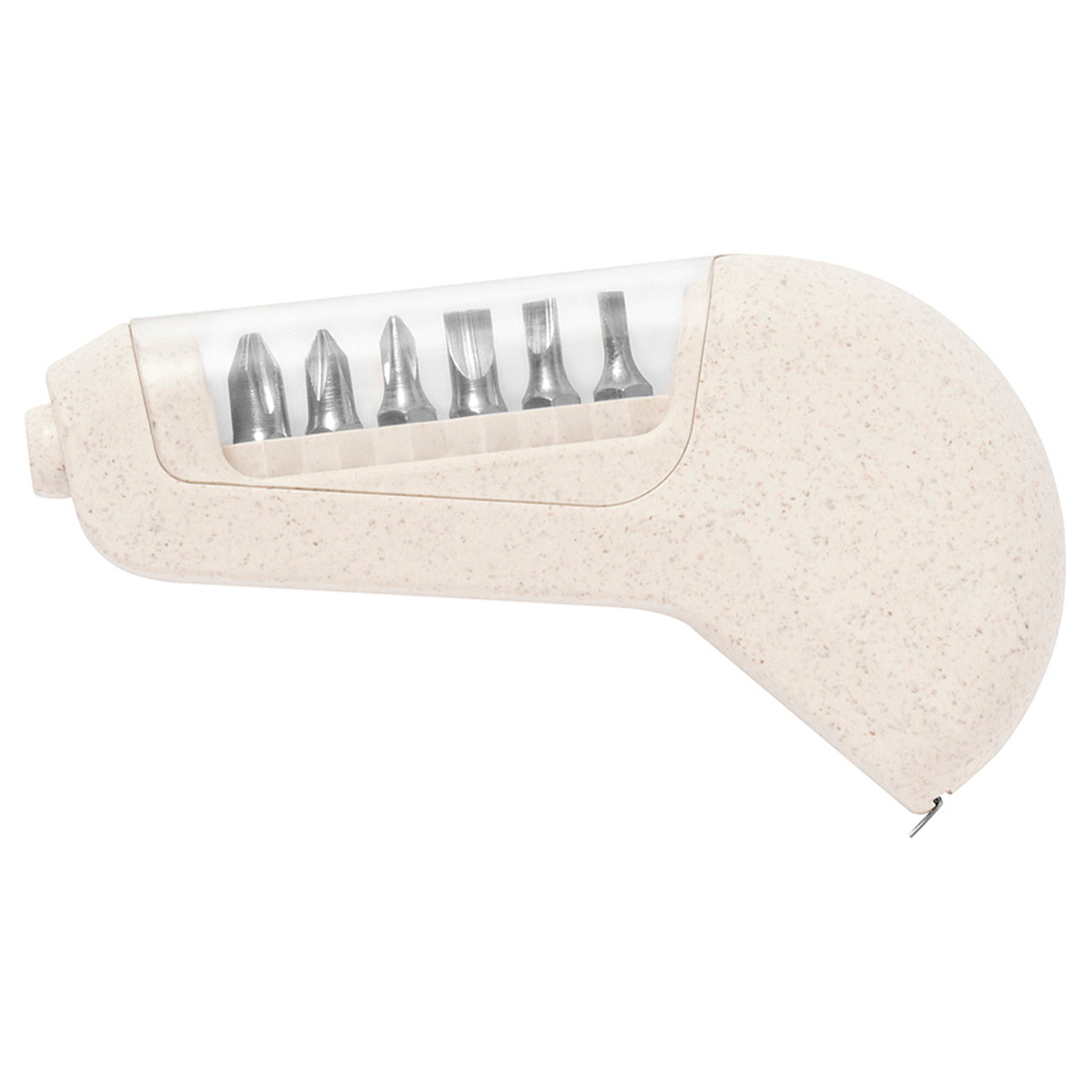 Flexómetro multiherramienta Drankil de caña de trigo con 6 funciones, metro de 1m y destornillador con 6 puntas.