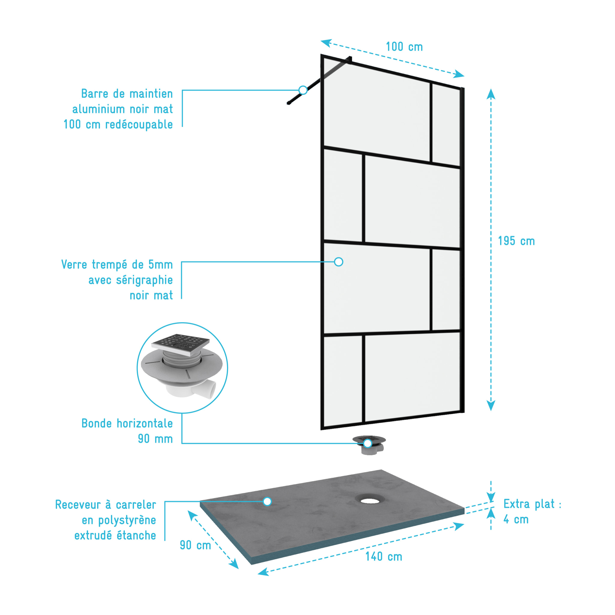 Pack Paroi de douche 100x195 cm + RECEVEUR A CARRELER 90x140 RECOUPABLE - BONDE VERTICALE
