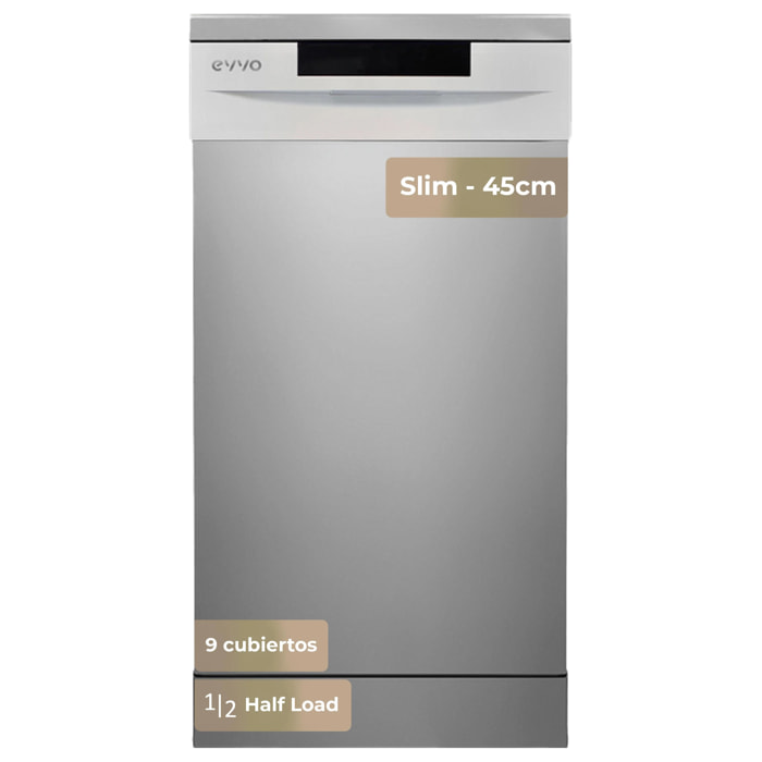 Lavavajillas EVVO D1X Slim (45 cm), 9 Cubiertos, 5 Programas, inox, Ancho 450 mm