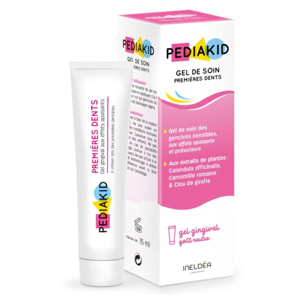 PEDIAKID - Gel de soin premières dents - Apaisant et protecteur naturel pour gencives - Gomme d'Acacia, Camomille, Calendula, Clou de Girofle - Goût Neutre - Dès la naissance - 15 ml