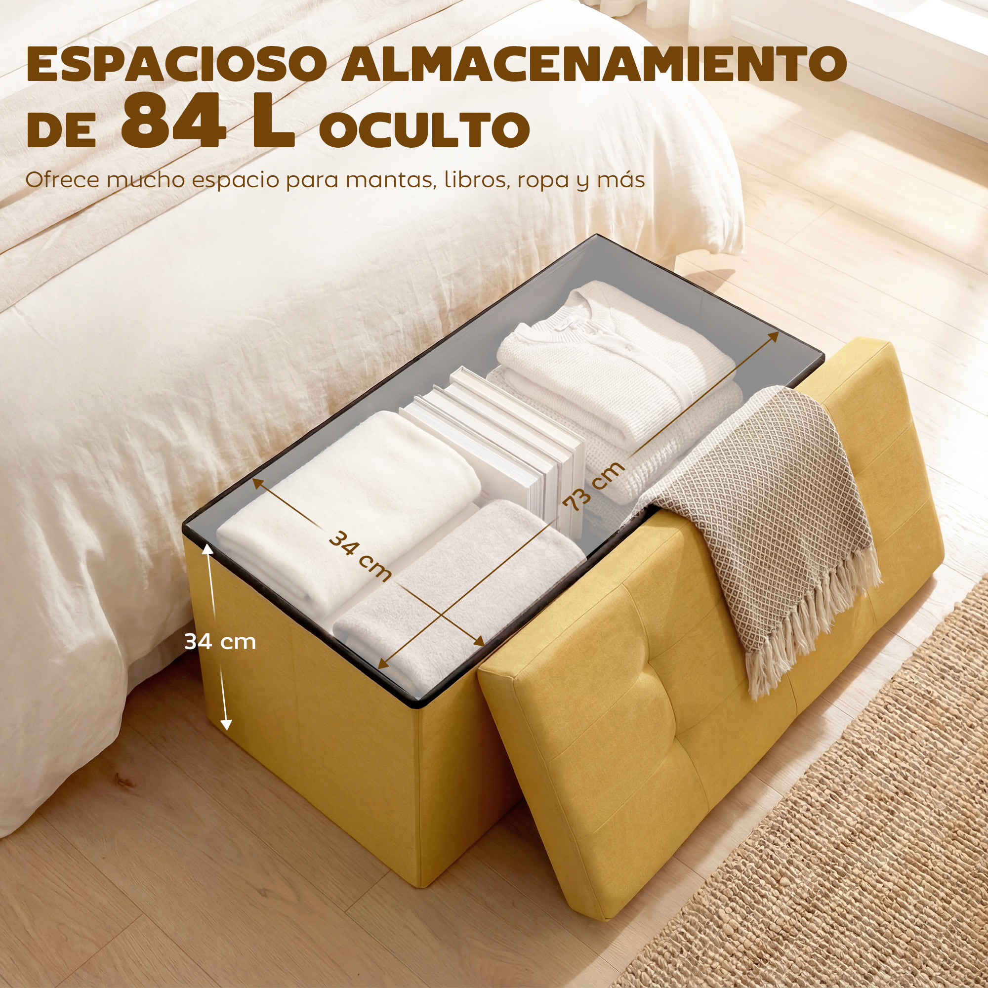 Puff Almacenaje, Banco Almacenaje Plegable, 84 L, 76x38x38 cm, Tapizado en Lino Sintético, Baúl de Almacenamiento, Carga 120 kg, Taburete para Sala de Estar, Dormitorio, Entrada, Amarillo