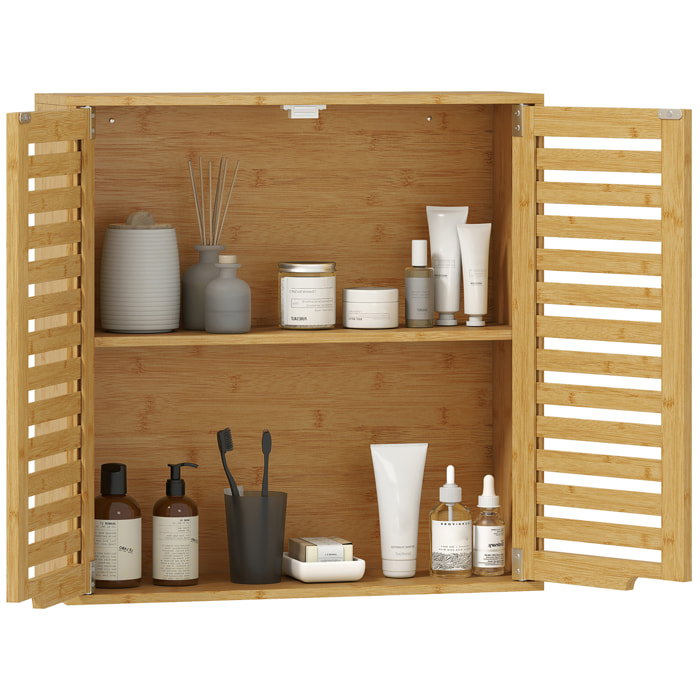 Armario de Baño de Pared de Bambú, Mueble de Baño Colgante con Estante Ajustable, Puertas de Lamas, Armario de Almacenamiento para Cocina, Lavadero, sobre el Inodoro, Natural