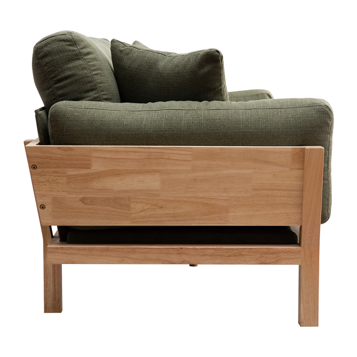 Canapé scandinave déhoussable 3 places en tissu vert kaki et bois clair KYO