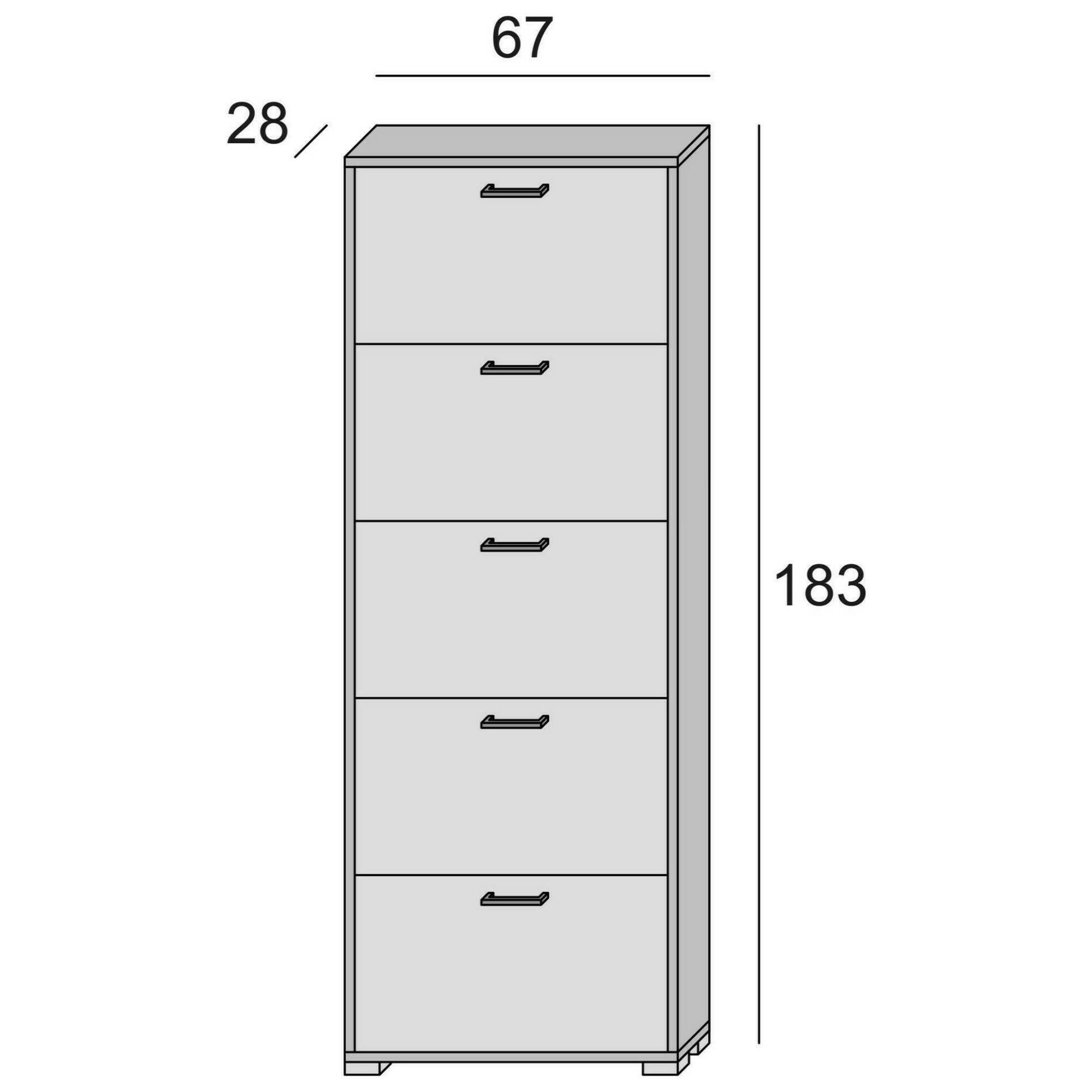 Scarpiera Surfinia, Mobile multiuso da ingresso con 5 ante a ribalta, Armadietto portascarpe a doppia profondità, 100% Made in Italy, Cm 67x28h183, Bianco e Cemento