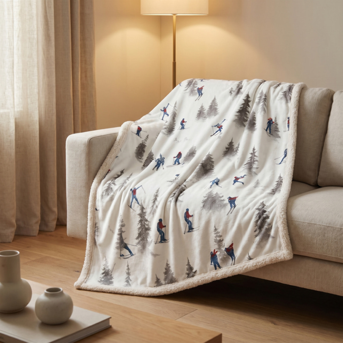 Plaid Sherpa in poliestere - Fantasia Sciatori e Abeti